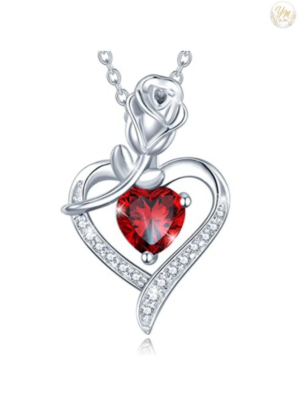 Sterling Silver Birthstone Necklace, Rose Flower Heart Pendant, Garnet